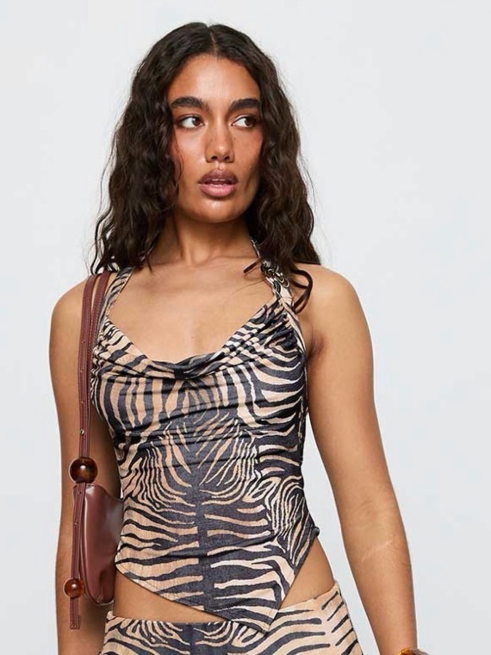 Princess Polly Zebra-Print Cowl Neck Tank Top - Taupe/Black